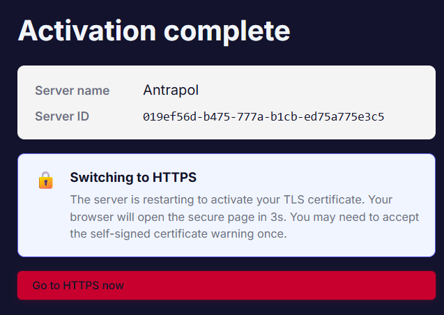 Activation complete screen where the server switches to HTTPS