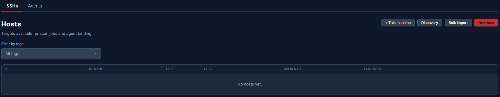 The Hosts list on the SSHs tab with the four ways to add a host