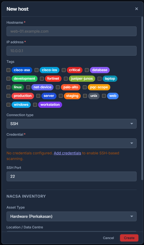 The New host form including the connection test and NACSA inventory fields