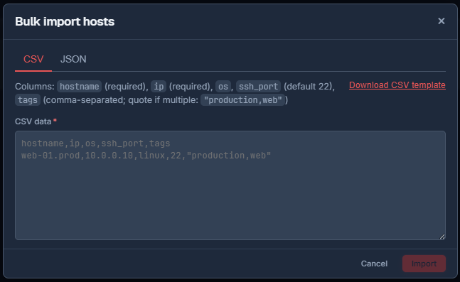 Bulk import CSV tab with a live validation preview