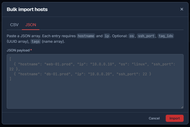 Bulk import JSON tab