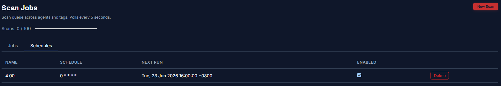 The Schedules tab with recurring scan definitions