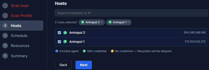 New Scan wizard step 3: Hosts with a readiness legend