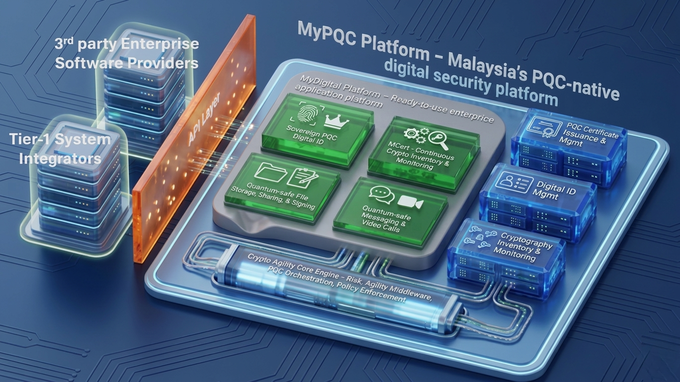 MyPQC platform architecture: API layer, ready-to-use PQC apps, managed services, and the Crypto Agility Core Engine